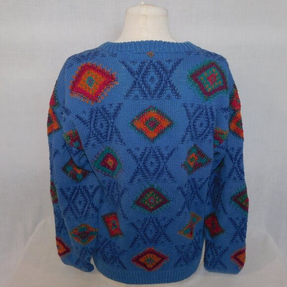 VTG Northern Isles Hand Knit Blue Multicolour Diamond Crew Neck Sweater Womens M - Picture 8 of 10